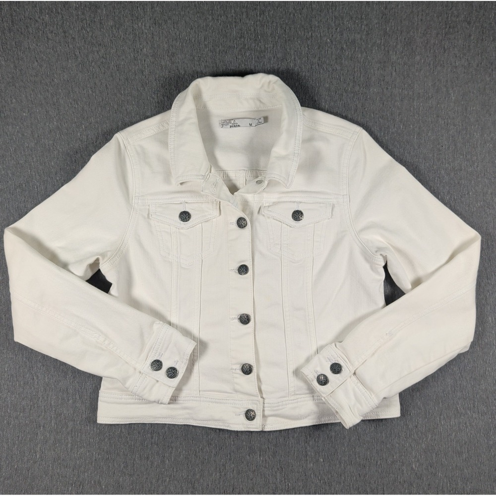 prAna Women's Denim Jacket Medium White Jean Cotton Buttons Fitted Distressed